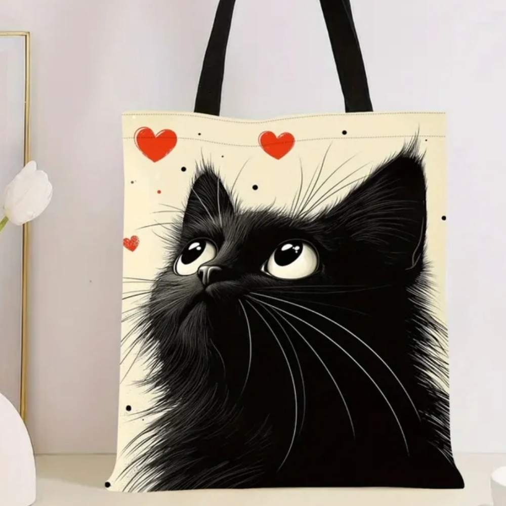 NEW Adorable Black Cat Kitty Canvas Tote Bag 16x14